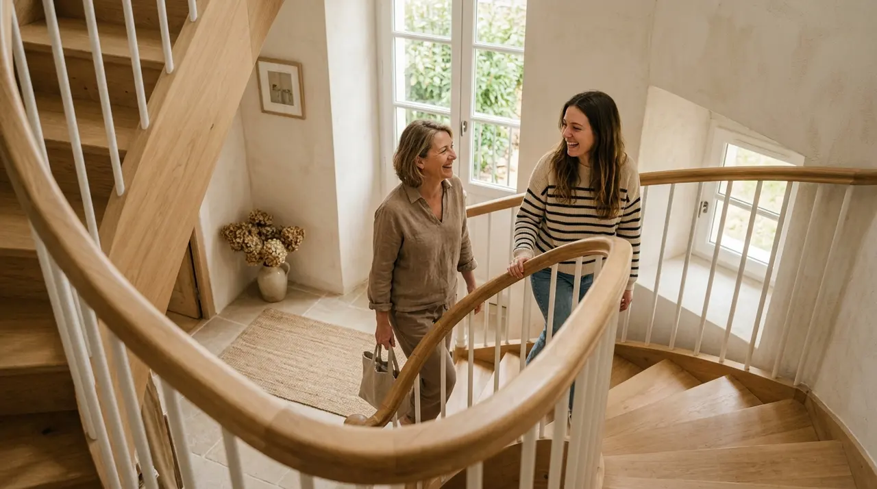 Escalier tournant d'une maison familiale avec une rampe en bois clair