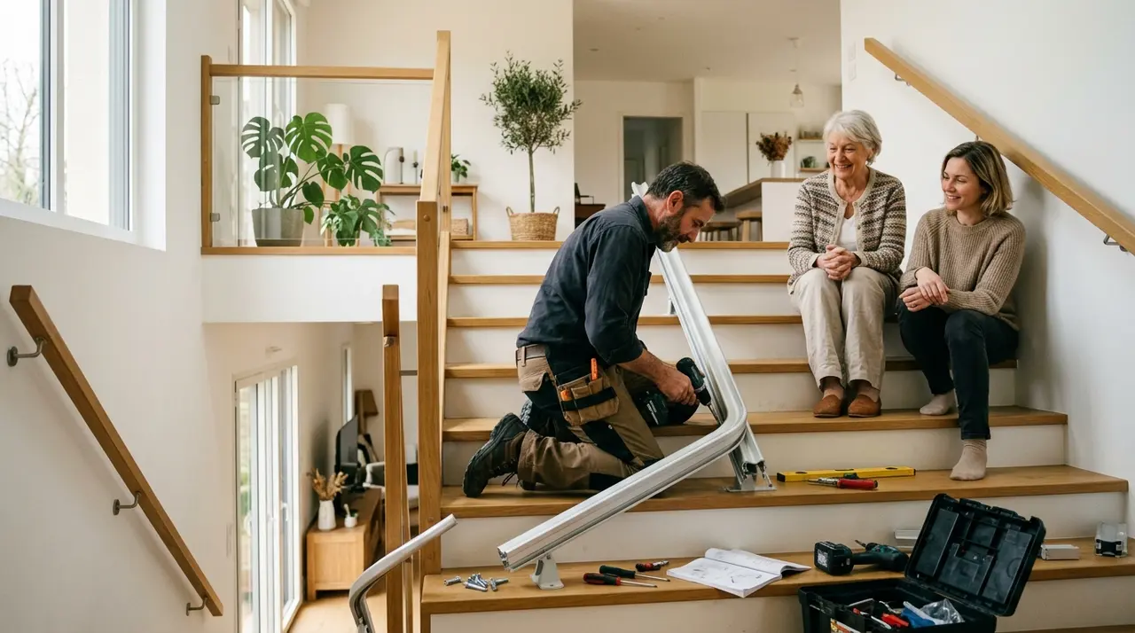 Technicien installant le rail d'un monte-escalier sur un escalier droit d'intérieur