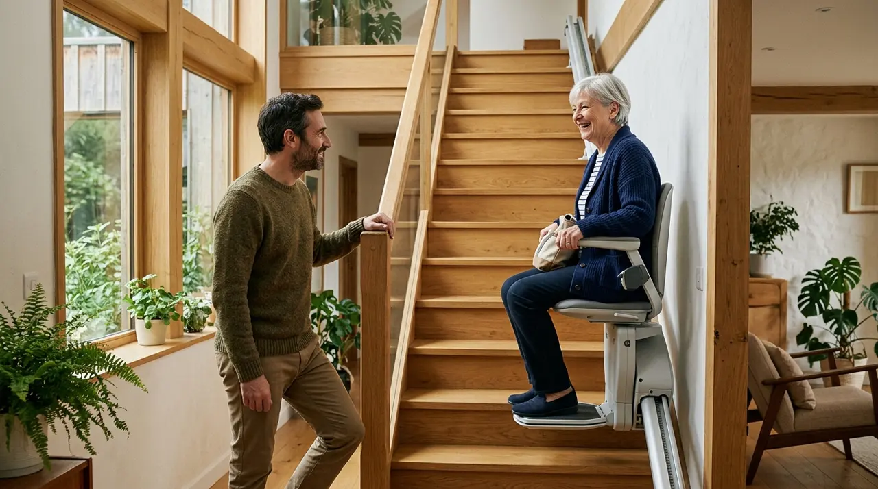 Monte-escalier droit fixé sur un escalier en bois intérieur, vue latérale