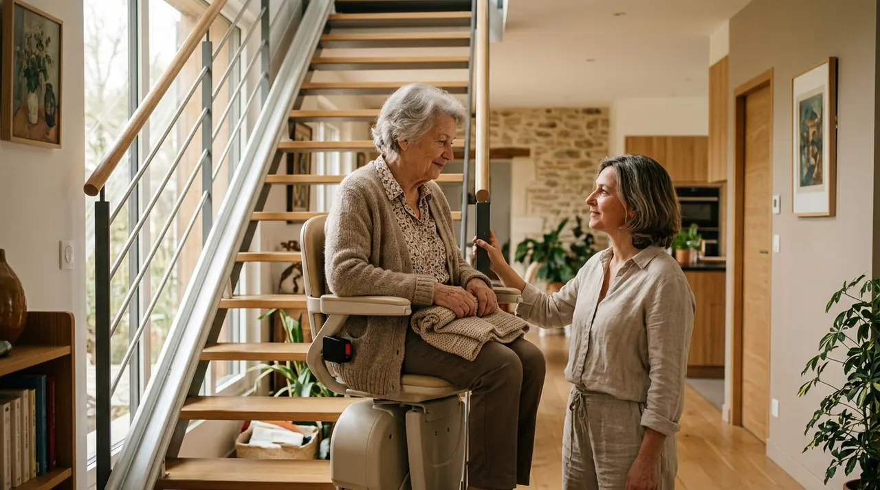 Personne âgée assise dans un fauteuil de monte-escalier, descendant un escalier intérieur en toute sérénité