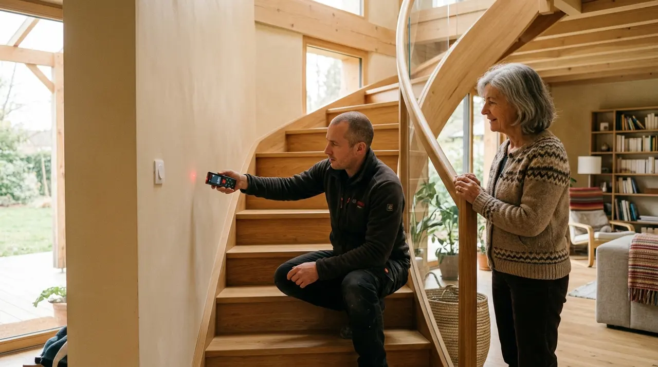 Technicien mesurant un escalier tournant avec un mètre laser devant une aidante