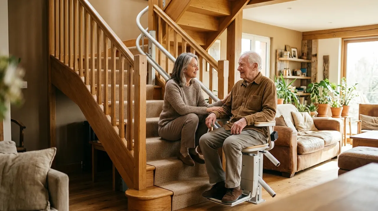 Plateforme monte-escalier installée le long d'un escalier intérieur en bois