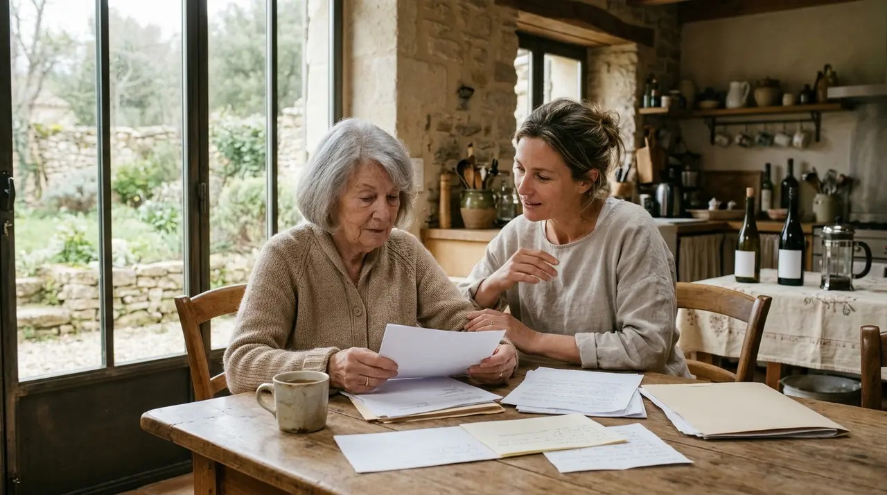 Aidant et parent âgé consultant des documents de financement à la table de la cuisine