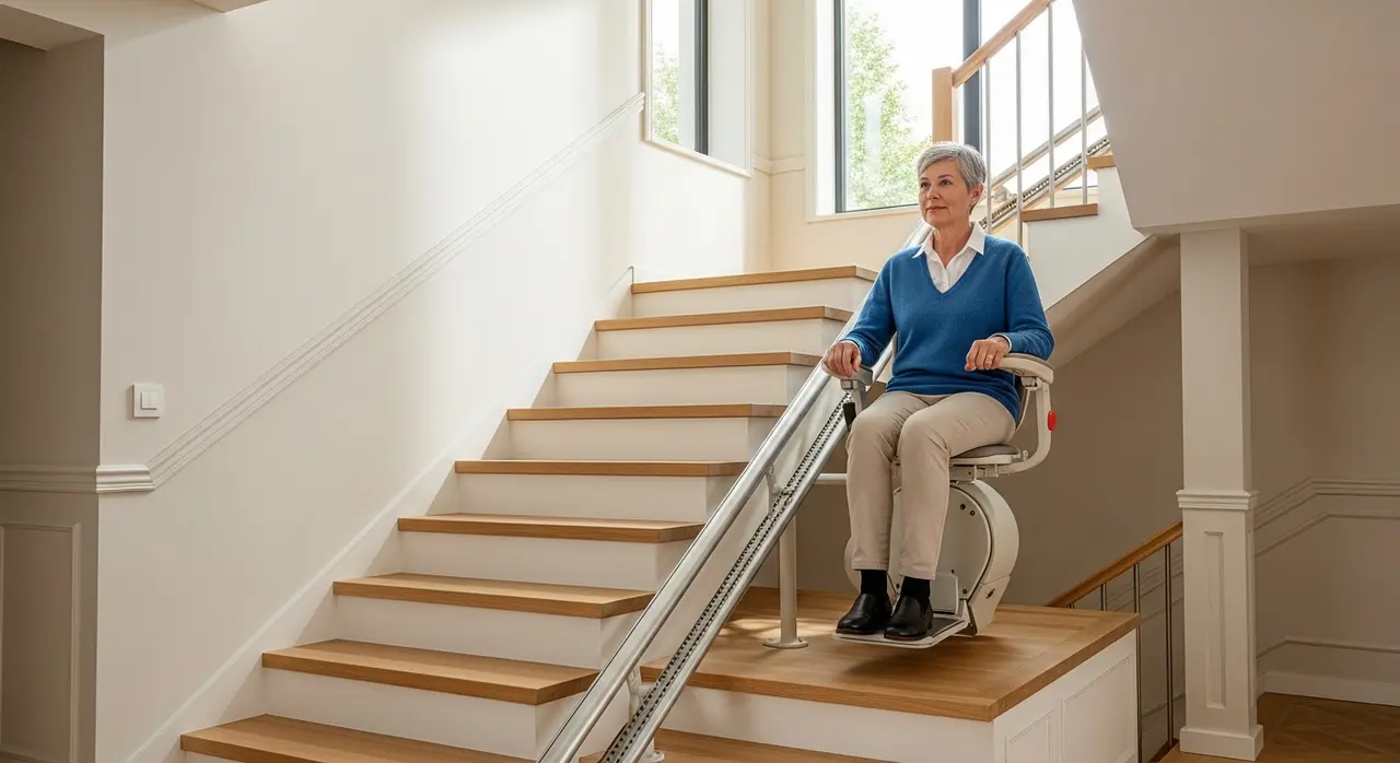 Monte-escalier droit installé dans une maison familiale, rail fixé sur les marches d'un escalier en bois