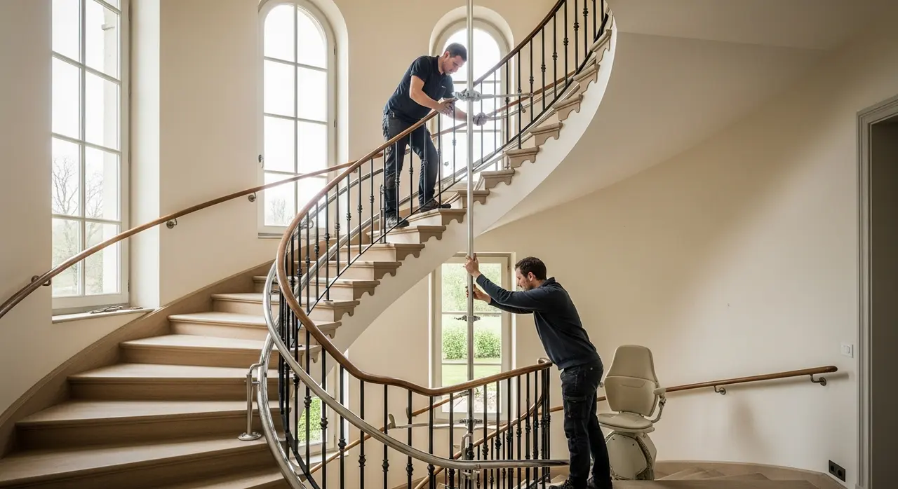 Rail courbé de monte-escalier sur mesure pour un escalier tournant en colimaçon, vue de l'atelier de fabrication