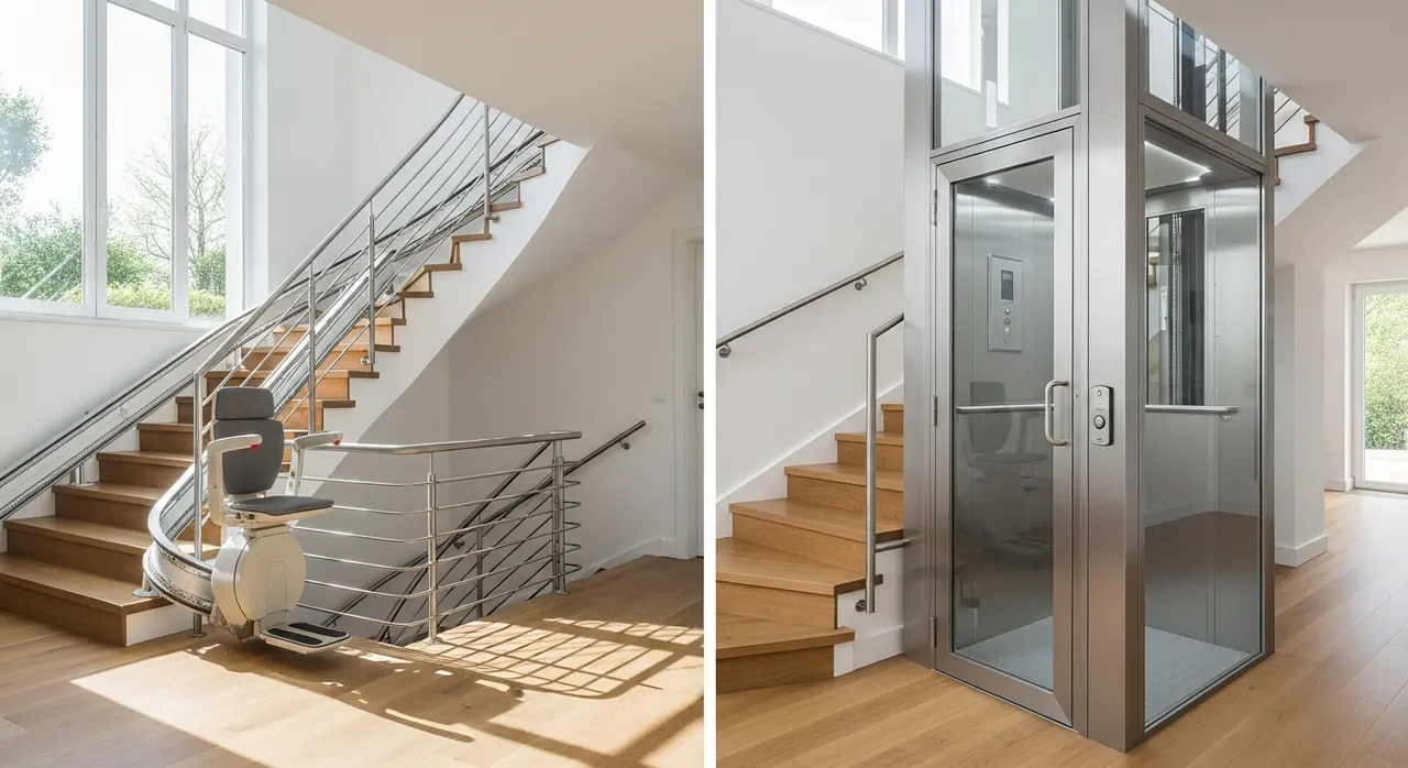 Comparaison côte à côte d'un monte-escalier et d'un petit ascenseur privatif dans une maison individuelle