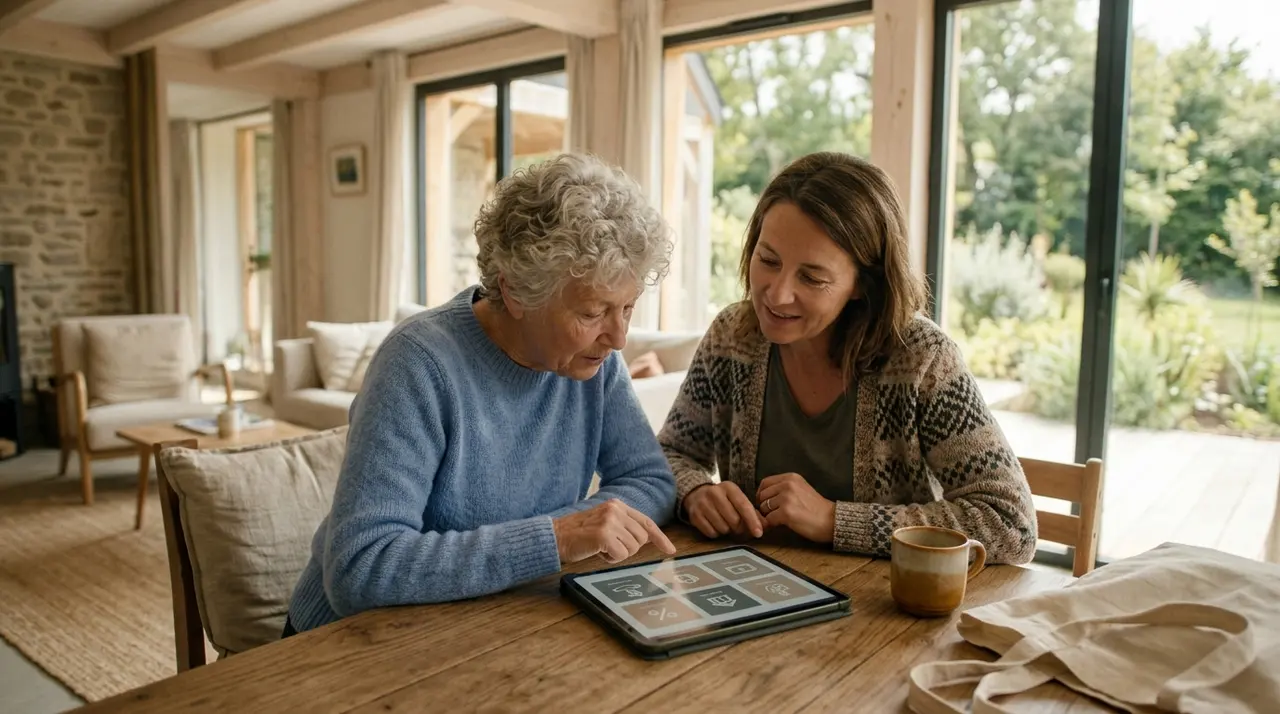 Tableau récapitulatif des aides financières pour un monte-escalier, affiché sur une tablette posée sur une table