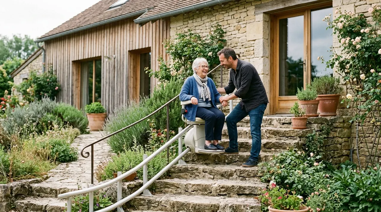 Monte-escalier extérieur installé le long d'un perron de pierre devant une maison individuelle