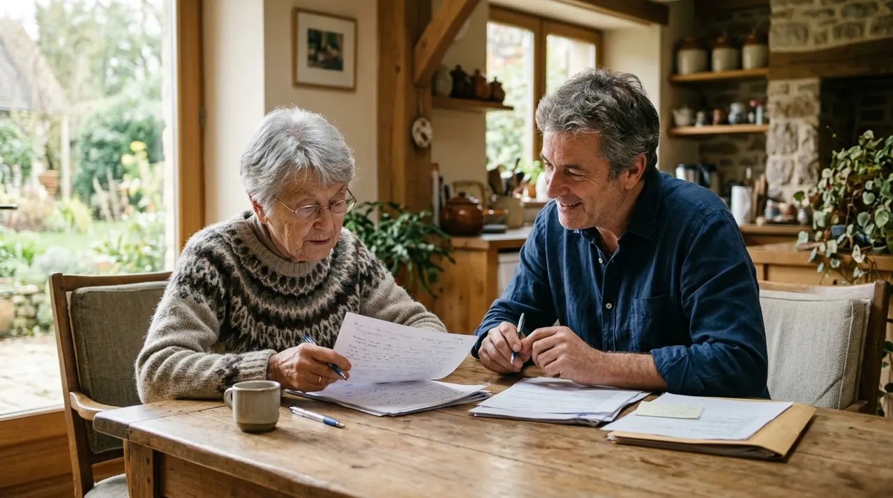 Aidant et parent âgé examinant ensemble des devis et documents sur une table de cuisine