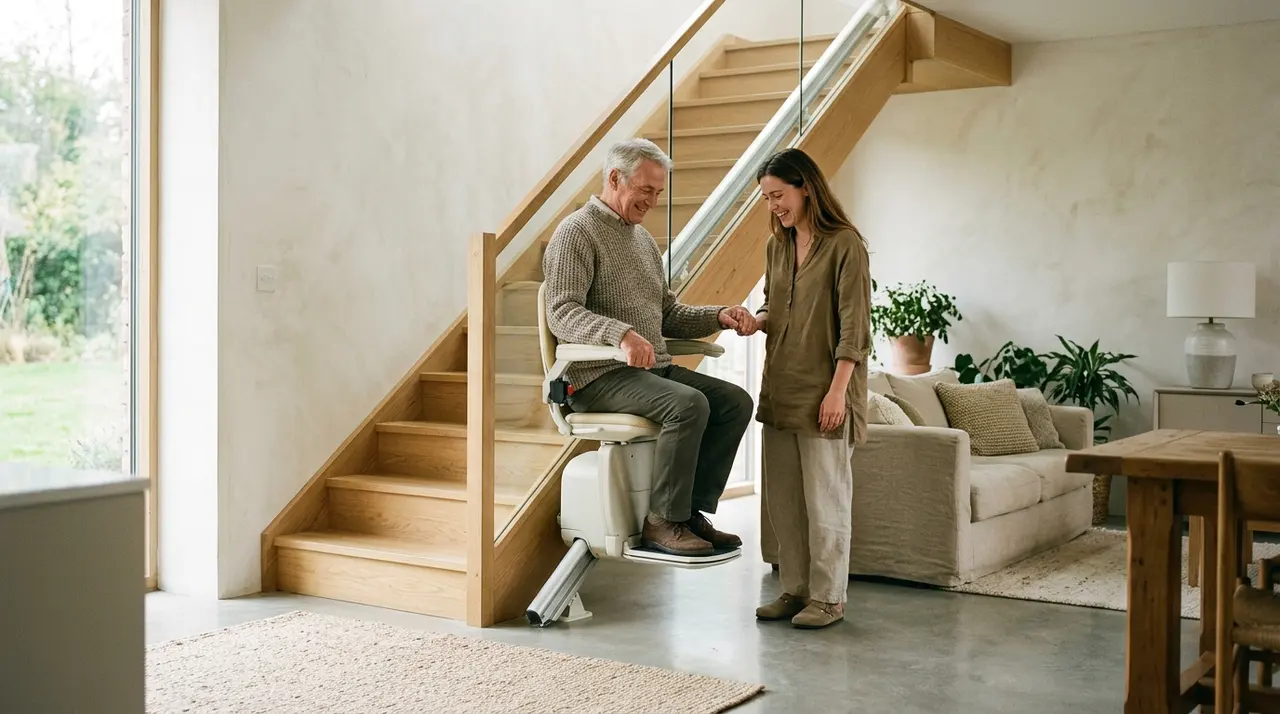 Monte-escalier Otolift Modul-Air sur un escalier droit en bois clair dans un salon contemporain