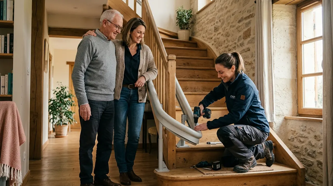 Technicien installant un monte-escalier Otolift dans une maison individuelle, vissant le rail à la contremarche
