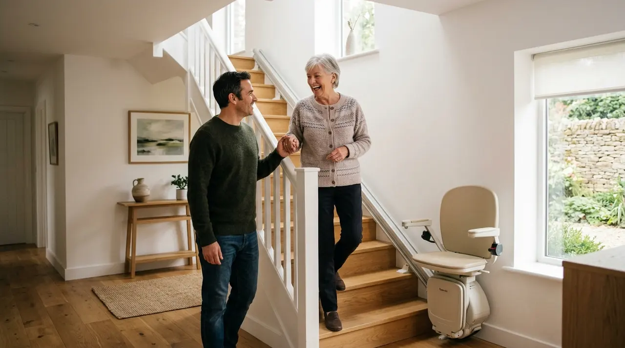 Monte-escalier reconditionné installé le long d'un escalier droit dans une maison
