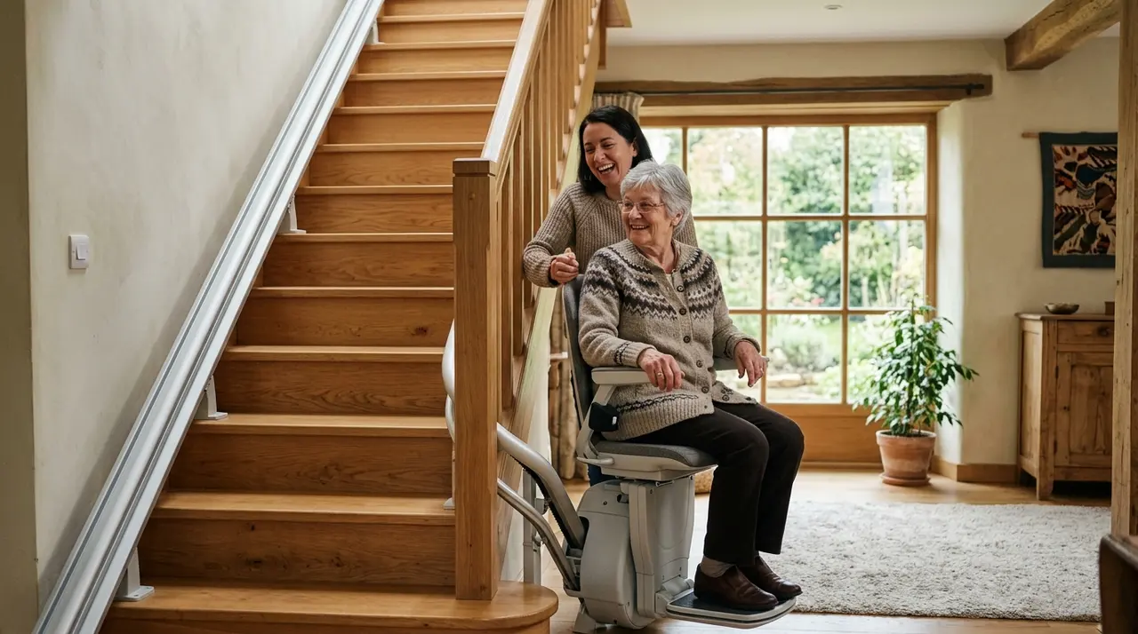 Monte-escalier à siège installé le long d'un escalier droit en bois dans une maison familiale
