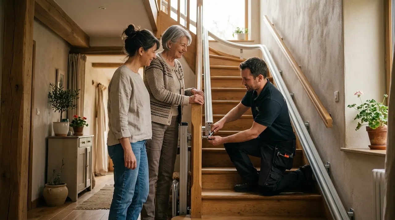 Technicien vérifiant le rail et la fixation d'un monte-escalier dans un escalier de maison