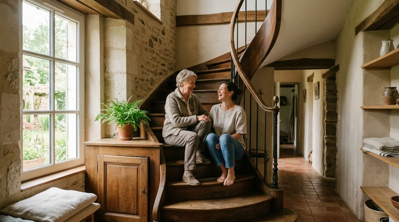Escalier tournant avec palier intermédiaire dans une maison ancienne